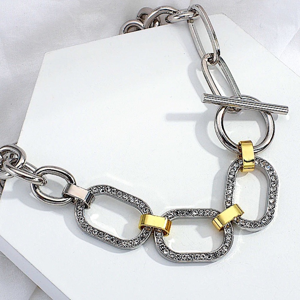 Silver Crystal Chain Link Punk Statement Necklace - Picture 10 of 12